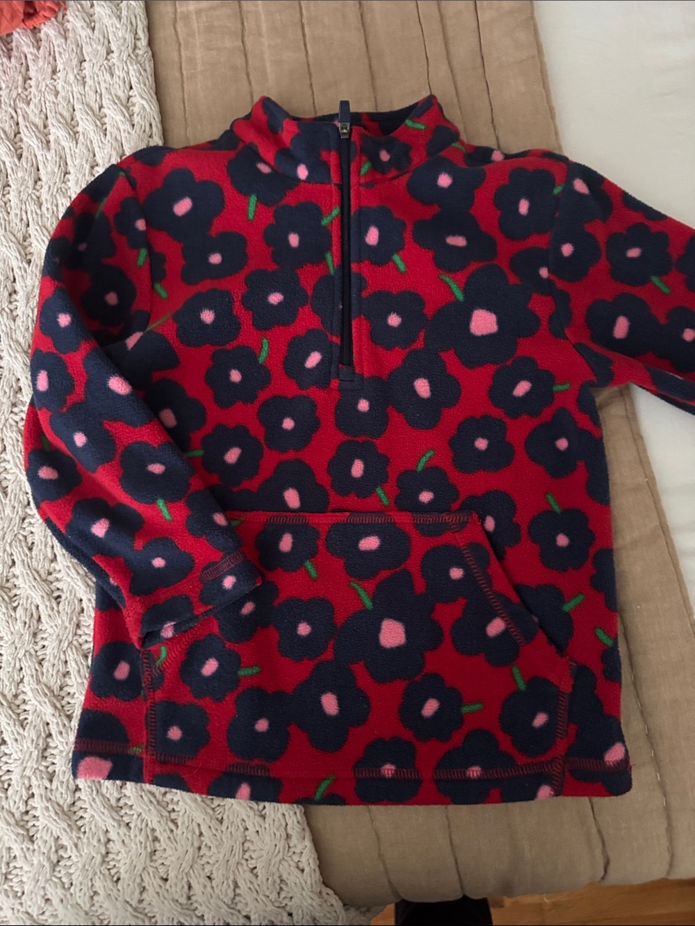 Hanna Andersson Red Floral Fleece Pullovee with Navy Flowers